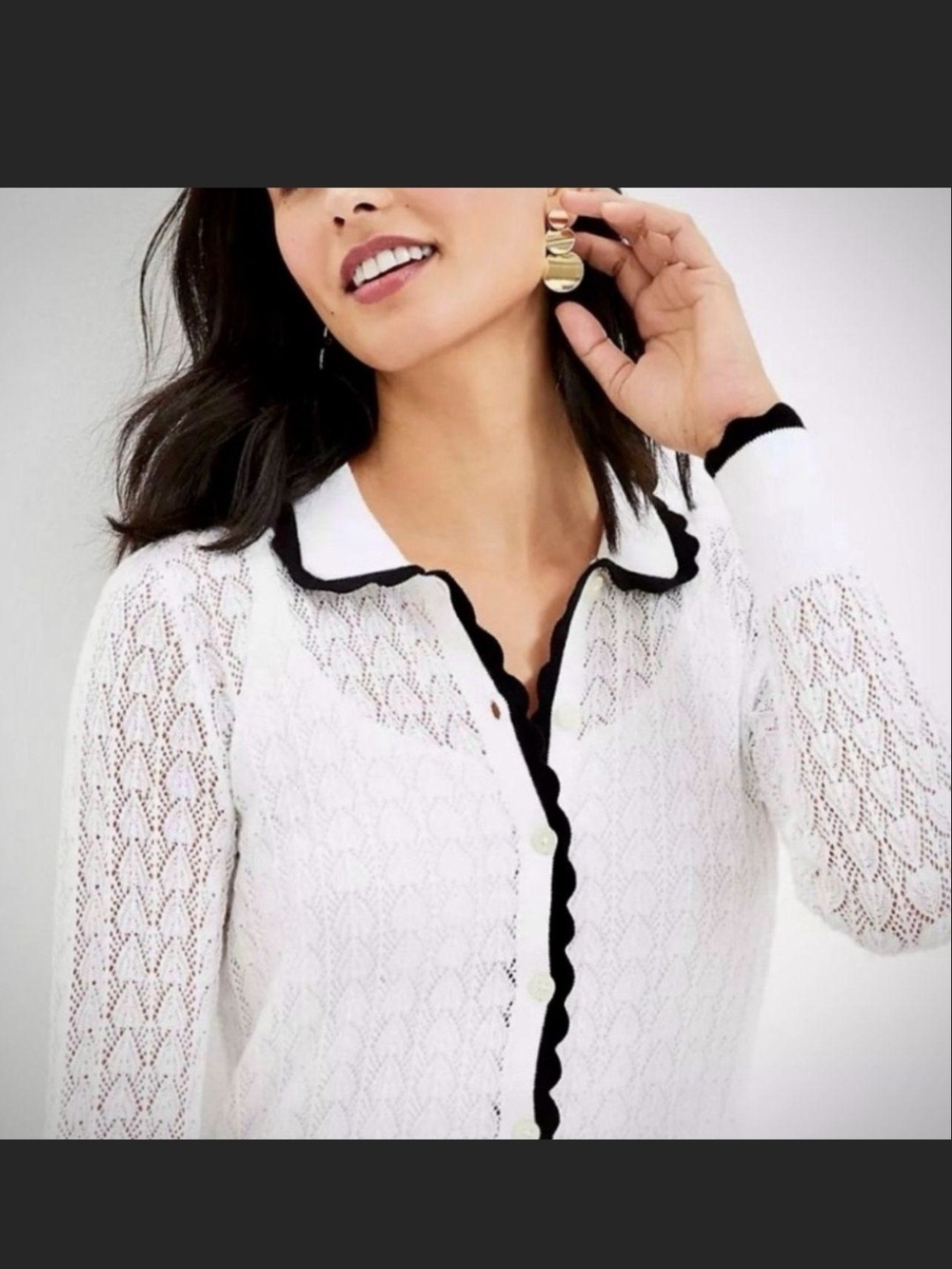 White Knit Button-Front Top with Black Trim